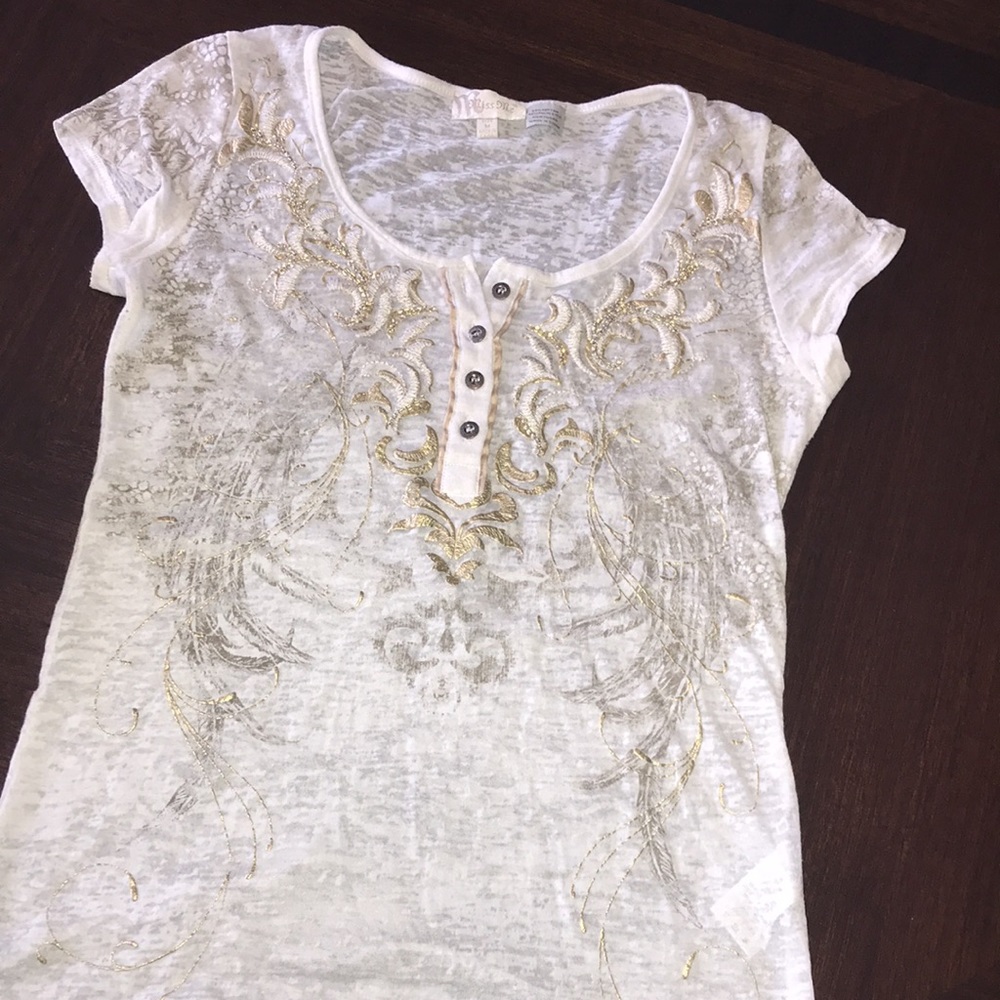 Miss Me white gold scroll feathers burn out T shirt